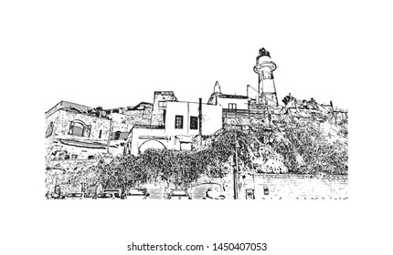 Building view with landmark of Tel Aviv, a city on Israel’s Mediterranean coast. Hand drawn sketch illustration in vector.