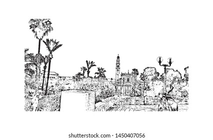 Building view with landmark of Tel Aviv, a city on Israel’s Mediterranean coast. Hand drawn sketch illustration in vector.