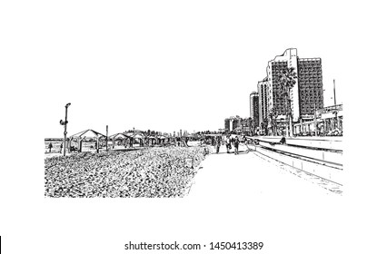 Building view with landmark of Tel Aviv, a city on Israel’s Mediterranean coast. Hand drawn sketch illustration in vector.