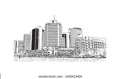 Building view with landmark of Tel Aviv, a city on Israel’s Mediterranean coast. Hand drawn sketch illustration in vector.