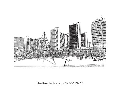 Building view with landmark of Tel Aviv, a city on Israel’s Mediterranean coast. Hand drawn sketch illustration in vector.