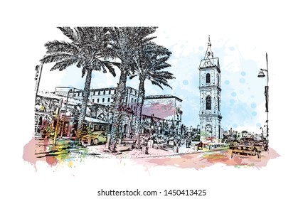 Building view with landmark of Tel Aviv, a city on Israel’s Mediterranean coast. Hand drawn sketch illustration in vector.