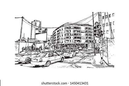 Building view with landmark of Tel Aviv, a city on Israel’s Mediterranean coast. Hand drawn sketch illustration in vector.