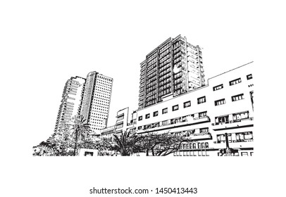Building view with landmark of Tel Aviv, a city on Israel’s Mediterranean coast. Hand drawn sketch illustration in vector.