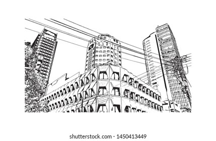 Building view with landmark of Tel Aviv, a city on Israel’s Mediterranean coast. Hand drawn sketch illustration in vector.