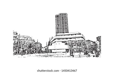 Building view with landmark of Tel Aviv, a city on Israel’s Mediterranean coast. Hand drawn sketch illustration in vector.