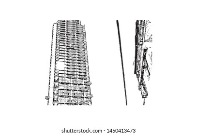 Building view with landmark of Tel Aviv, a city on Israel’s Mediterranean coast. Hand drawn sketch illustration in vector.
