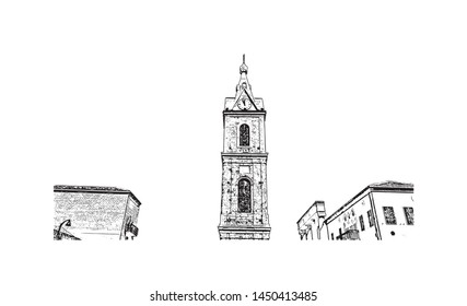 Building view with landmark of Tel Aviv, a city on Israel’s Mediterranean coast. Hand drawn sketch illustration in vector.