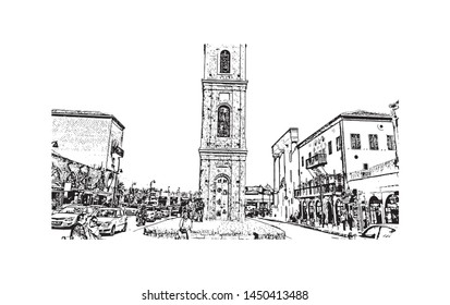 Building view with landmark of Tel Aviv, a city on Israel’s Mediterranean coast. Hand drawn sketch illustration in vector.