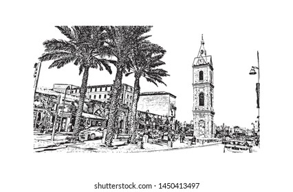 Building view with landmark of Tel Aviv, a city on Israel’s Mediterranean coast. Hand drawn sketch illustration in vector.