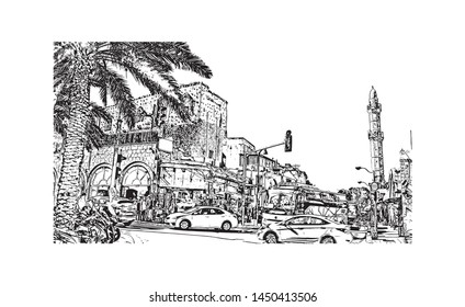 Building view with landmark of Tel Aviv, a city on Israel’s Mediterranean coast. Hand drawn sketch illustration in vector.