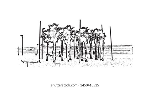 Building view with landmark of Tel Aviv, a city on Israel’s Mediterranean coast. Hand drawn sketch illustration in vector.
