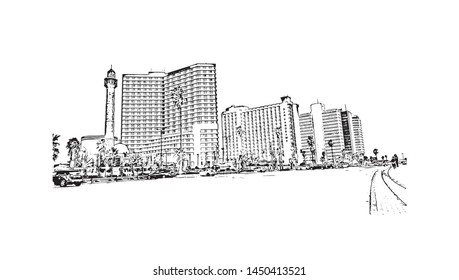 Building view with landmark of Tel Aviv, a city on Israel’s Mediterranean coast. Hand drawn sketch illustration in vector.