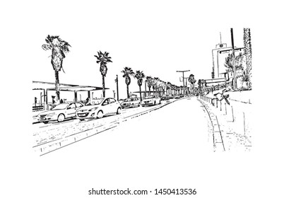 Building view with landmark of Tel Aviv, a city on Israel’s Mediterranean coast. Hand drawn sketch illustration in vector.