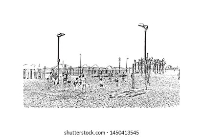 Building view with landmark of Tel Aviv, a city on Israel’s Mediterranean coast. Hand drawn sketch illustration in vector.