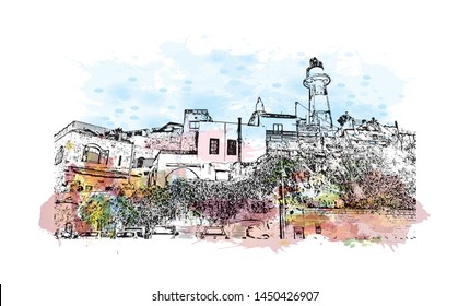 Building view with landmark of Tel Aviv, a city on Israel’s Mediterranean coast. Watercolor splash with Hand drawn sketch illustration in vector.