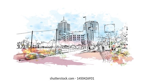 Building view with landmark of Tel Aviv, a city on Israel’s Mediterranean coast. Watercolor splash with Hand drawn sketch illustration in vector.