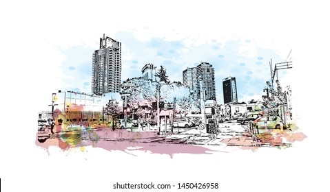 Building view with landmark of Tel Aviv, a city on Israel’s Mediterranean coast. Watercolor splash with Hand drawn sketch illustration in vector.