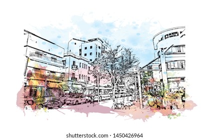 Building view with landmark of Tel Aviv, a city on Israel’s Mediterranean coast. Watercolor splash with Hand drawn sketch illustration in vector.