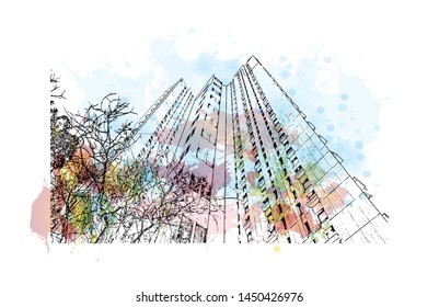 Building view with landmark of Tel Aviv, a city on Israel’s Mediterranean coast. Watercolor splash with Hand drawn sketch illustration in vector.