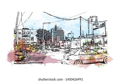 Building view with landmark of Tel Aviv, a city on Israel’s Mediterranean coast. Watercolor splash with Hand drawn sketch illustration in vector.