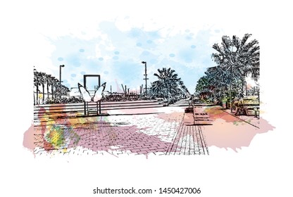 Building view with landmark of Tel Aviv, a city on Israel’s Mediterranean coast. Watercolor splash with Hand drawn sketch illustration in vector.