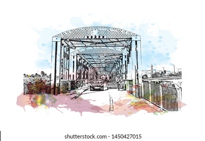 Building view with landmark of Tel Aviv, a city on Israel’s Mediterranean coast. Watercolor splash with Hand drawn sketch illustration in vector.