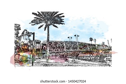 Building view with landmark of Tel Aviv, a city on Israel’s Mediterranean coast. Watercolor splash with Hand drawn sketch illustration in vector.