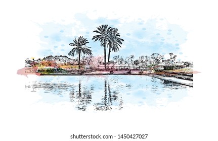 Building view with landmark of Tel Aviv, a city on Israel’s Mediterranean coast. Watercolor splash with Hand drawn sketch illustration in vector.