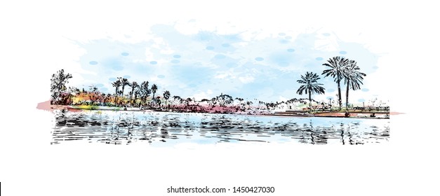 Building view with landmark of Tel Aviv, a city on Israel’s Mediterranean coast. Watercolor splash with Hand drawn sketch illustration in vector.