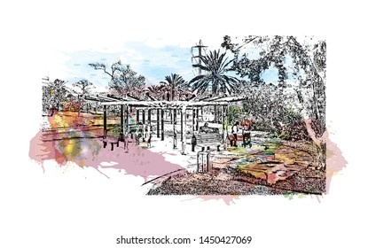 Building view with landmark of Tel Aviv, a city on Israel’s Mediterranean coast. Watercolor splash with Hand drawn sketch illustration in vector.