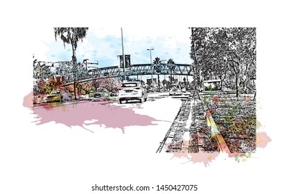 Building view with landmark of Tel Aviv, a city on Israel’s Mediterranean coast. Watercolor splash with Hand drawn sketch illustration in vector.