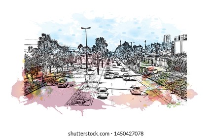 Building view with landmark of Tel Aviv, a city on Israel’s Mediterranean coast. Watercolor splash with Hand drawn sketch illustration in vector.