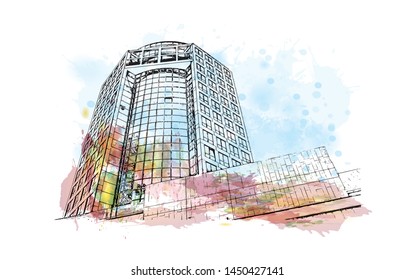 Building view with landmark of Tel Aviv, a city on Israel’s Mediterranean coast. Watercolor splash with Hand drawn sketch illustration in vector.