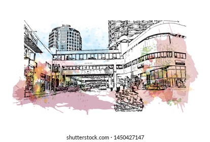 Building view with landmark of Tel Aviv, a city on Israel’s Mediterranean coast. Watercolor splash with Hand drawn sketch illustration in vector.