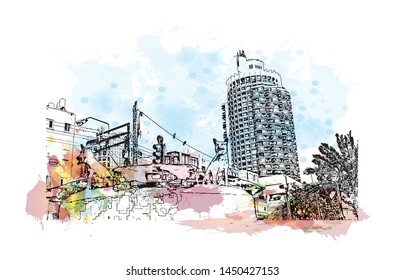 Building view with landmark of Tel Aviv, a city on Israel’s Mediterranean coast. Watercolor splash with Hand drawn sketch illustration in vector.