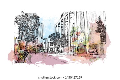 Building view with landmark of Tel Aviv, a city on Israel’s Mediterranean coast. Watercolor splash with Hand drawn sketch illustration in vector.