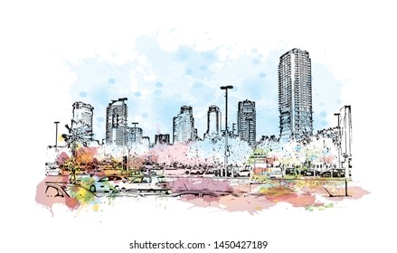 Building view with landmark of Tel Aviv, a city on Israel’s Mediterranean coast. Watercolor splash with Hand drawn sketch illustration in vector.