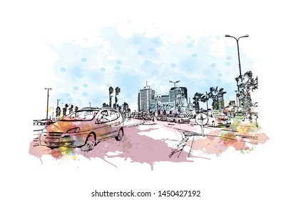 Building view with landmark of Tel Aviv, a city on Israel’s Mediterranean coast. Watercolor splash with Hand drawn sketch illustration in vector.