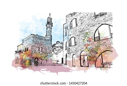 Building view with landmark of Tel Aviv, a city on Israel’s Mediterranean coast. Watercolor splash with Hand drawn sketch illustration in vector.
