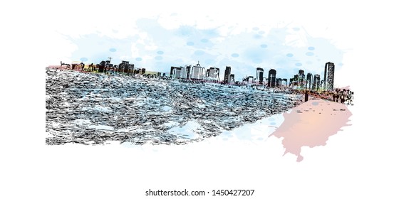 Building view with landmark of Tel Aviv, a city on Israel’s Mediterranean coast. Watercolor splash with Hand drawn sketch illustration in vector.