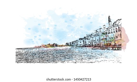 Building view with landmark of Tel Aviv, a city on Israel’s Mediterranean coast. Watercolor splash with Hand drawn sketch illustration in vector.