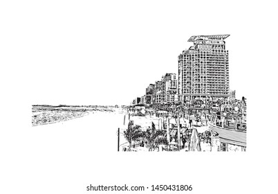 Building view with landmark of Tel Aviv, a city on Israel’s Mediterranean coast. Watercolor splash with Hand drawn sketch illustration in vector.