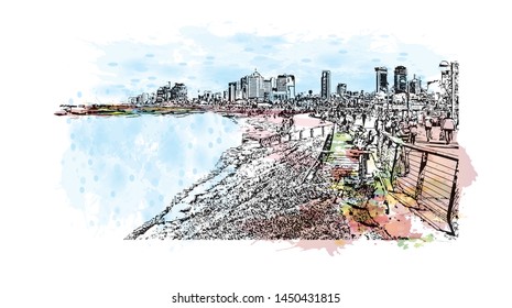 Building view with landmark of Tel Aviv, a city on Israel’s Mediterranean coast. Watercolor splash with Hand drawn sketch illustration in vector.