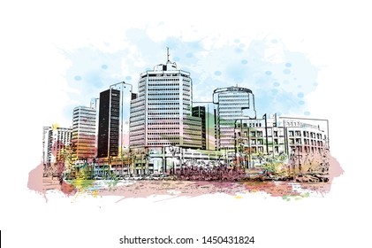 Building view with landmark of Tel Aviv, a city on Israel’s Mediterranean coast. Watercolor splash with Hand drawn sketch illustration in vector.
