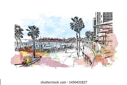 Building view with landmark of Tel Aviv, a city on Israel’s Mediterranean coast. Watercolor splash with Hand drawn sketch illustration in vector.