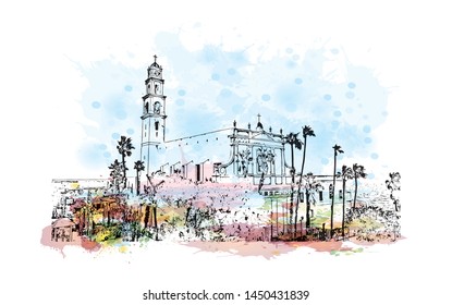 Building view with landmark of Tel Aviv, a city on Israel’s Mediterranean coast. Watercolor splash with Hand drawn sketch illustration in vector.