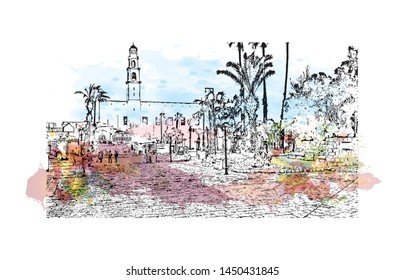 Building view with landmark of Tel Aviv, a city on Israel’s Mediterranean coast. Watercolor splash with Hand drawn sketch illustration in vector.
