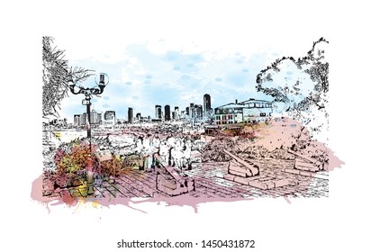 Building view with landmark of Tel Aviv, a city on Israel’s Mediterranean coast. Watercolor splash with Hand drawn sketch illustration in vector.