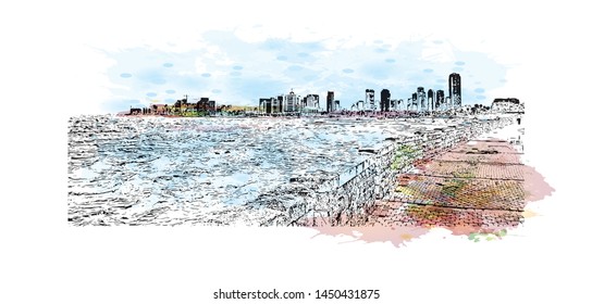 Building view with landmark of Tel Aviv, a city on Israel’s Mediterranean coast. Watercolor splash with Hand drawn sketch illustration in vector.